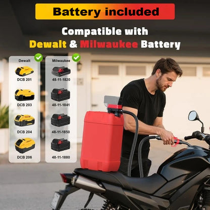 Portable Cordless Fuel Transfer Pump – Quick & Easy Fueling for Cars, Generators, Lawn Mowers | DeWalt 20V & Milwaukee 18V Compatible