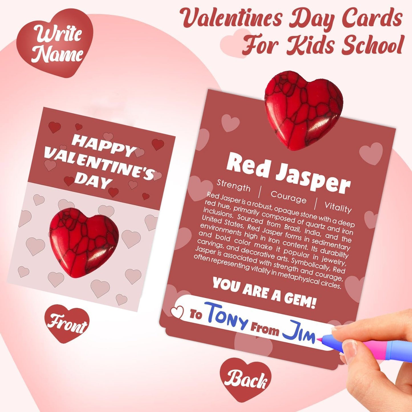 💖 Valentine's Day Gem Gift Cards – 24 Heart-Shaped Gemstones for Kids & Adults