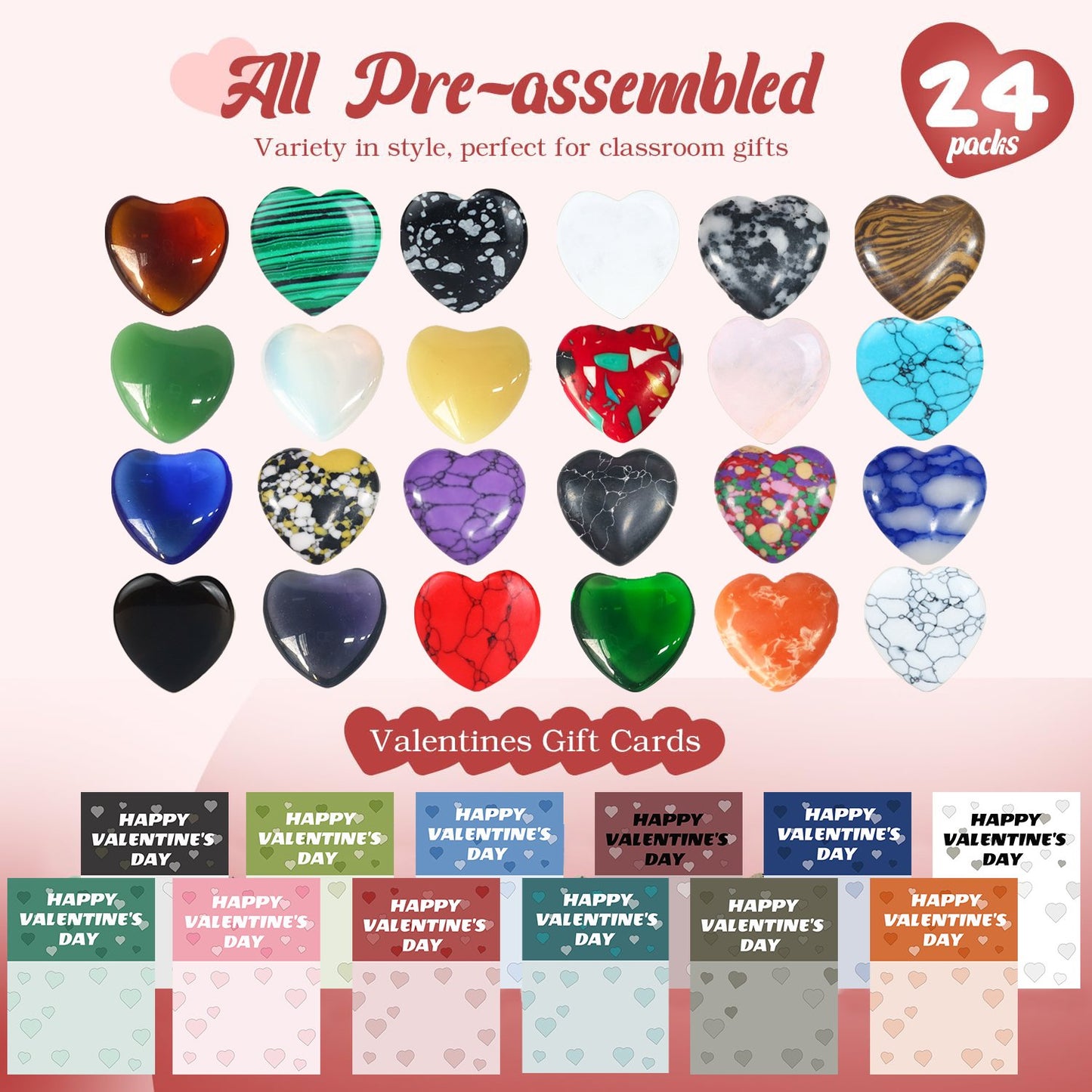 💖 Valentine's Day Gem Gift Cards – 24 Heart-Shaped Gemstones for Kids & Adults