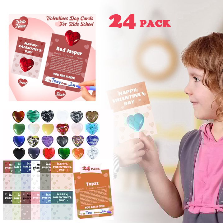 💖 Valentine's Day Gem Gift Cards – 24 Heart-Shaped Gemstones for Kids & Adults